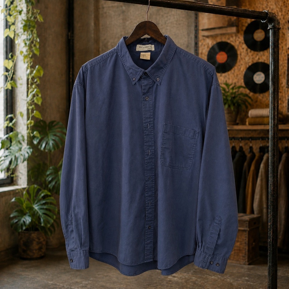 Doc & Amelia Navy Blue Button Down Shirt Mens 2XL Long Sleeve Workwear Boxy
